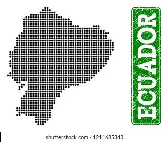 Dotted map of Ecuador and grunge caption. Vector green title inside rounded rectangle and retro rubber texture. Pixelated map of Ecuador constructed with black pattern of round dots.