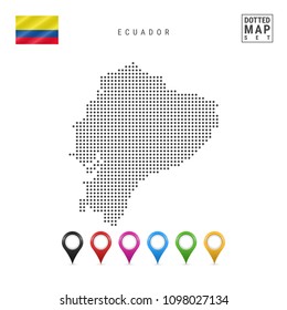 Dotted Map of Ecuador. Simple Silhouette of Ecuador. The National Flag of Ecuador. Set of Multicolored Map Markers. Vector Illustration Isolated on White Background.