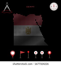 Dotted map of Egypt painted in the colors of the national flag of Egypt. Waving flag effect. Map tools, set of cartographic icons. Vector illustration