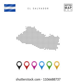 Dotted Map of El Salvador. Simple Silhouette of El Salvador. The National Flag of El Salvador. Set of Multicolored Map Markers. Vector Illustration Isolated on White Background.