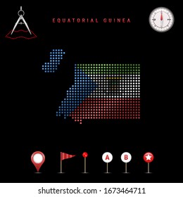 Dotted map of Equatorial Guinea painted in the colors of the national flag of Equatorial Guinea. Waving flag effect. Map tools, set of cartographic icons. Vector illustration