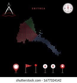 Dotted map of Eritrea painted in the colors of the national flag of Eritrea. Waving flag effect. Map tools, set of cartographic icons. Vector illustration