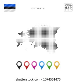 Dotted Map of Estonia. Simple Silhouette of Estonia. The National Flag of Estonia. Set of Multicolored Map Markers. Vector Illustration Isolated on White Background.