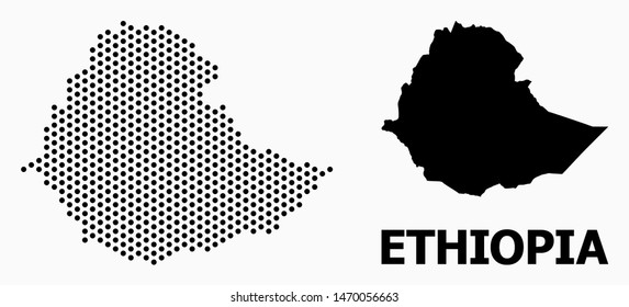 Dotted map of Ethiopia composition and solid illustration. Vector map of Ethiopia composition of circle elements with hexagonal geometric array on a white background.