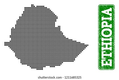 Dotted map of Ethiopia and rubber caption. Vector green title inside rounded rectangle and corroded rubber texture. Pixelated map of Ethiopia designed with black pattern of round dots.