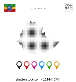 Dotted Map of Ethiopia. Simple Silhouette of Ethiopia. The National Flag of Ethiopia. Set of Multicolored Map Markers. Vector Illustration Isolated on White Background.
