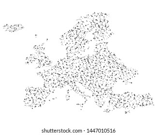 Dotted map of Europe. Dot grain grunge chaotic texture. Vector eps10