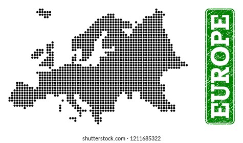 Dotted map of Europe and rubber caption. Vector green title inside rounded rectangle and corroded rubber texture. Pixelated map of Europe designed with black pattern of round dots.