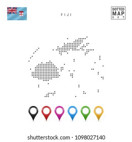 Dotted Map of Fiji. Simple Silhouette of Fiji. The National Flag of Fiji. Set of Multicolored Map Markers. Vector Illustration Isolated on White Background.