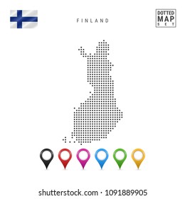 Dotted Map of Finland. Simple Silhouette of Finland. The National Flag of Finland. Set of Multicolored Map Markers. Vector Illustration Isolated on White Background.