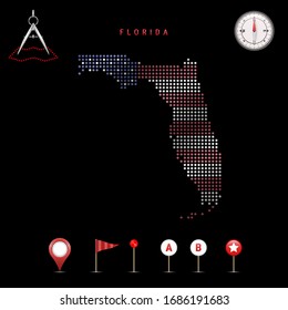 Mapa trazado de Florida pintado en los colores de la bandera nacional de los Estados Unidos. Efecto de indicador de ondear. Herramientas de mapa, conjunto de iconos cartográficos. Ilustración del vector