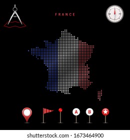 Dotted map of France painted in the colors of the national flag of France. Waving flag effect. Map tools, set of cartographic icons. Vector illustration