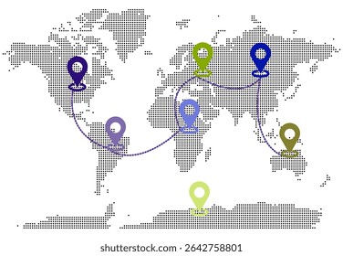 Mapa pontilhado com padrões geométricos mostrando países na fronteira geográfica com forma de círculo