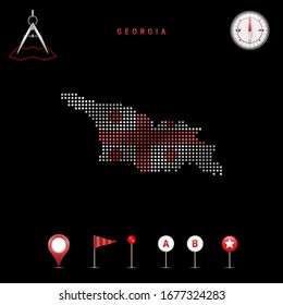 Dotted map of Georgia painted in the colors of the national flag of Georgia. Waving flag effect. Map tools, set of cartographic icons. Vector illustration