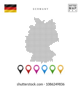 Dotted Map of Germany. Simple Silhouette of Germany. The National Flag of Germany. Set of Multicolored Map Markers. Vector Illustration Isolated on White Background.