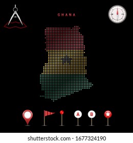 Dotted map of Ghana painted in the colors of the national flag of Ghana. Waving flag effect. Map tools, set of cartographic icons. Vector illustration