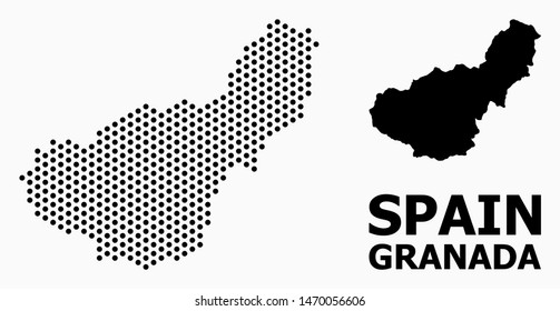 Dotted map of Granada Province composition and solid illustration. Vector map of Granada Province composition of round elements with honeycomb periodic pattern on a white background.