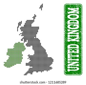 Dotted map of Great Britain and Ireland and rubber caption. Vector green title inside rounded rectangle and scratched rubber texture.