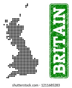 Dotted map of Great Britain and scratched caption. Vector green title inside rounded rectangle and scratched rubber texture.