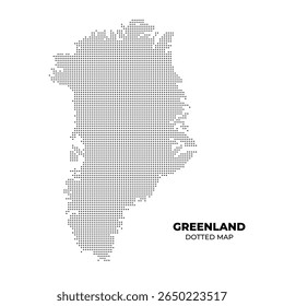 A dotted map of Greenland, showcasing its unique shape with a minimalist design. The map is composed of small black dots on a white background, emphasizing the geographical outline.