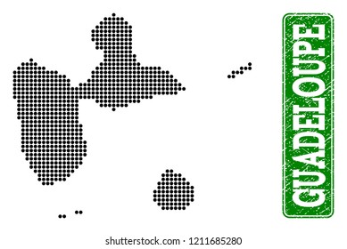Dotted map of Guadeloupe and unclean caption. Vector green title inside rounded rectangle and unclean rubber texture. Pixelated map of Guadeloupe designed with black pattern of round dots.