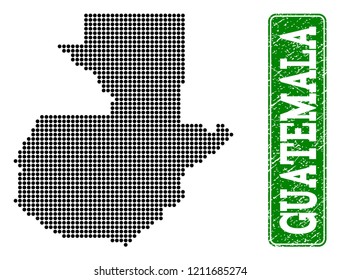 Dotted map of Guatemala and rubber caption. Vector green title inside rounded rectangle and retro rubber texture. Pixelated map of Guatemala designed with black pattern of round dots.