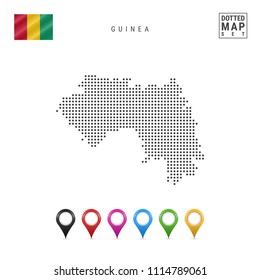 Dotted Map of Guinea. Simple Silhouette of Guinea. The National Flag of Guinea. Set of Multicolored Map Markers. Vector Illustration Isolated on White Background.