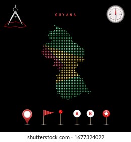 Dotted map of Guyana painted in the colors of the national flag of Guyana. Waving flag effect. Map tools, set of cartographic icons. Vector illustration