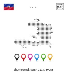 Dotted Map of Haiti. Simple Silhouette of Haiti. The National Flag of Haiti. Set of Multicolored Map Markers. Vector Illustration Isolated on White Background.
