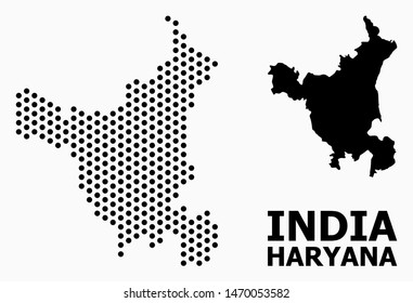 Dotted map of Haryana State composition and solid illustration. Vector map of Haryana State composition of sphere dots with hexagonal geometric array on a white background.
