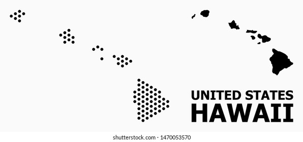 Dotted map of Hawaii State collage and solid illustration. Vector map of Hawaii State combination of round dots with honeycomb geometric order on a white background.