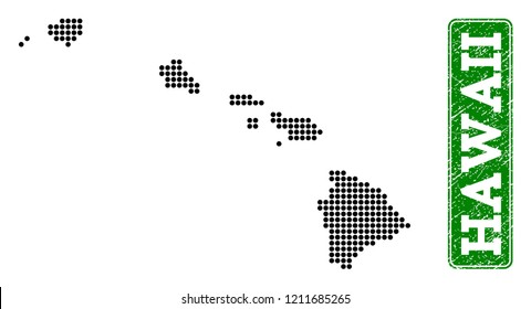 Dotted map of Hawaii State and rubber caption. Vector green title inside rounded rectangle and distress rubber texture. Pixelated map of Hawaii State designed with black pattern of round dots.