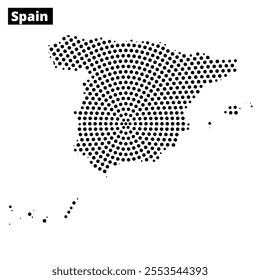 A dotted map highlights the geographical shape of Spain, focusing on its distinctive outline and features.