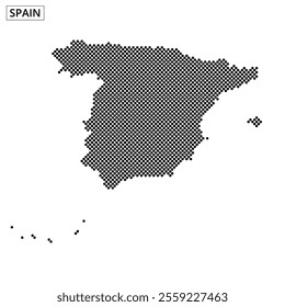 A dotted map highlights the geographical shape of Spain, focusing on its distinctive outline and features.