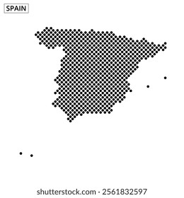 A dotted map highlights the geographical shape of Spain, focusing on its distinctive outline and features.