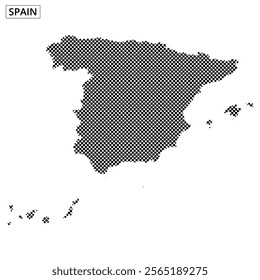 A dotted map highlights the geographical shape of Spain, focusing on its distinctive outline and features.