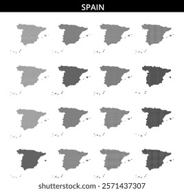 A dotted map highlights the geographical shape of Spain, focusing on its distinctive outline and features.