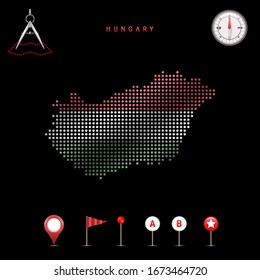 Dotted map of Hungary painted in the colors of the national flag of Hungary. Waving flag effect. Map tools, set of cartographic icons. Vector illustration