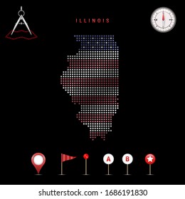 Dotted map of Illinois painted in the colors of the national flag of the United States. Waving flag effect. Map tools, set of cartographic icons. Vector illustration