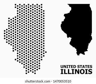 Dotted map of Illinois State composition and solid illustration. Vector map of Illinois State composition of spheric elements with honeycomb periodic array on a white background.