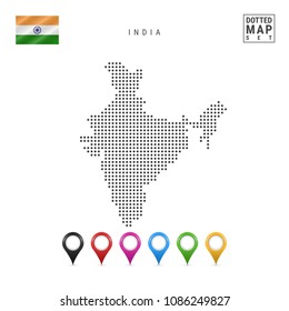 Dotted Map of India. Simple Silhouette of India. The National Flag of India. Set of Multicolored Map Markers. Vector Illustration Isolated on White Background.
