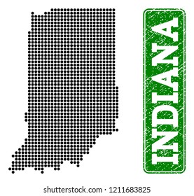 Dotted map of Indiana State and rubber caption. Vector green title inside rounded rectangle and corroded rubber texture. Pixelated map of Indiana State constructed with black pattern of round dots.