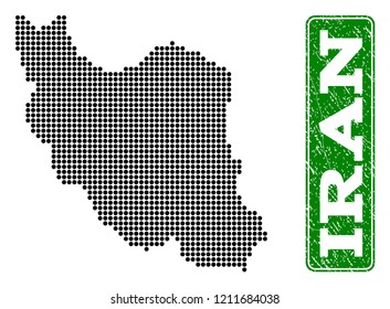 Dotted map of Iran and scratched caption. Vector green title inside rounded rectangle and scratched rubber texture. Pixelated map of Iran designed with black pattern of round dots.