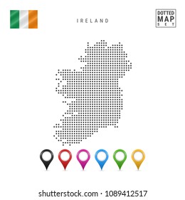 Dotted Map of Ireland. Simple Silhouette of Ireland. The National Flag of Ireland. Set of Multicolored Map Markers. Vector Illustration Isolated on White Background.