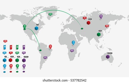 Dotted map isolated on grey background with resolution 5000x2500 dots and all major earth continents - Eurasia, North and South America, Africa, Australia with signs and markers.