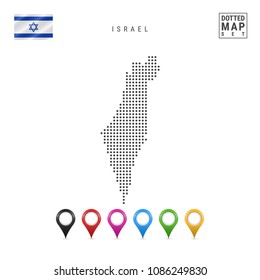 Dotted Map of Israel. Simple Silhouette of Israel. The National Flag of Israel. Set of Multicolored Map Markers. Vector Illustration Isolated on White Background.
