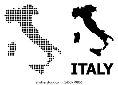 Dotted map of Italy composition and solid illustration. Vector map of Italy composition of sphere pixels on a white background. Abstract flat geographic plan for education templates.