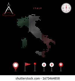 Dotted map of Italy painted in the colors of the national flag of Italy. Waving flag effect. Map tools, set of cartographic icons. Vector illustration