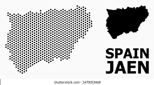 Dotted map of Jaen Spanish Province composition and solid illustration. Vector map of Jaen Spanish Province composition of spheric pixels with honeycomb periodic order on a white background.