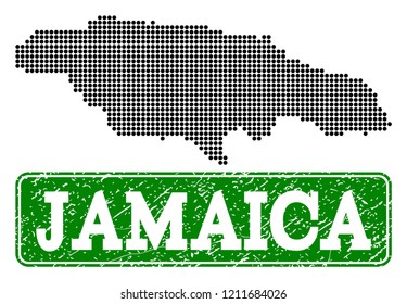 Dotted map of Jamaica and grunge caption. Vector green title inside rounded rectangle and grunge rubber texture. Pixelated map of Jamaica constructed with black pattern of round dots.